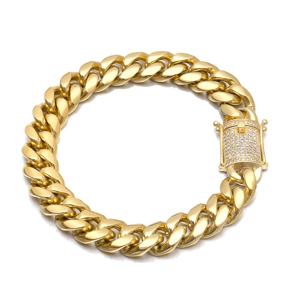 

12MM Mens Hip Hop Gold Bracelets Simulated Bracelets Jewelry Iced Out Miami Cuban Link Chain Men Bracelet