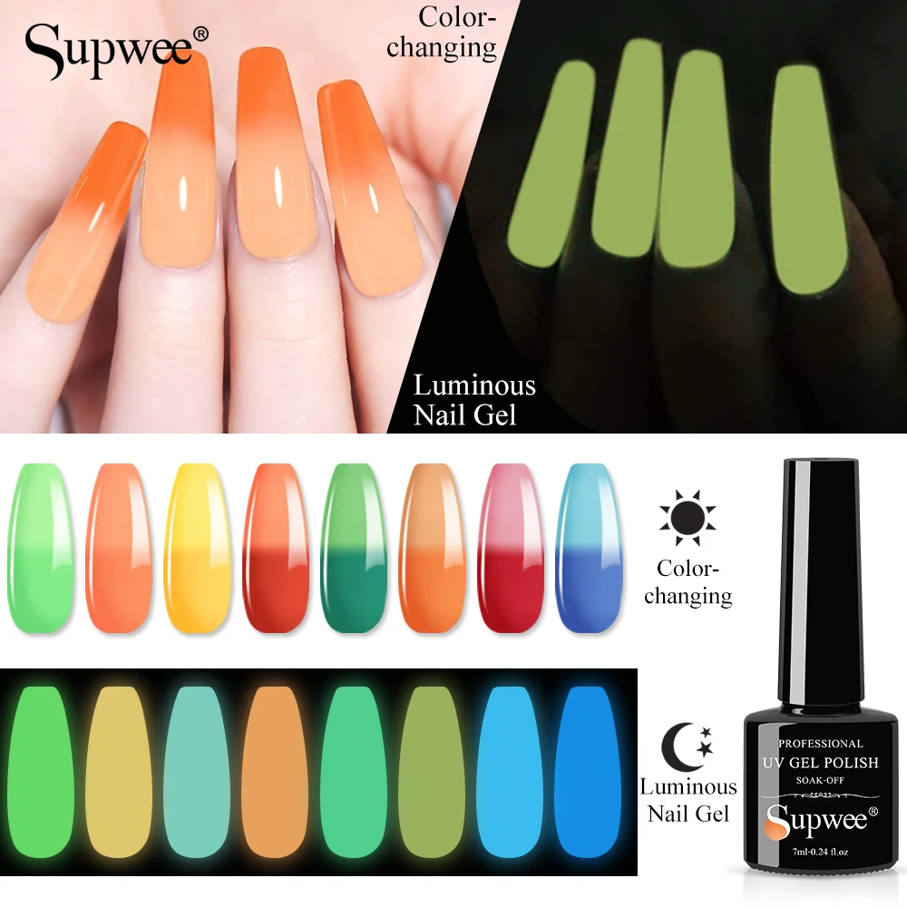 

Supwee 7ml Thermal Gel Nail Polish Glow In The Dark Color Changing Gel Soak Off UV Nail Varnish Semi Permanent Nail Art Lacquer