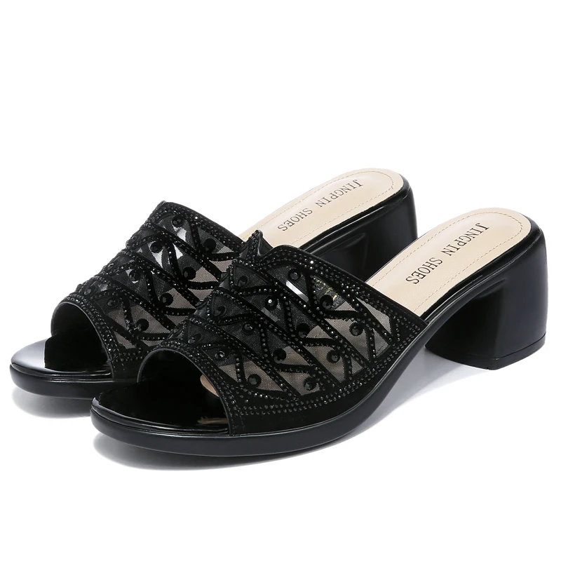 Slippers Woman MOOLECOLE Sexy Air Mesh Women Sandals Peep Toe Square Heels Women Shoes High Heels Crystal Leisure Sandals 2-9591 
Slippers Woman MOOLECOLE Sexy Air Mesh Women Sandals Peep Toe Square Heels Women Shoes High Heels Crystal Leisure Sandals 2-9591