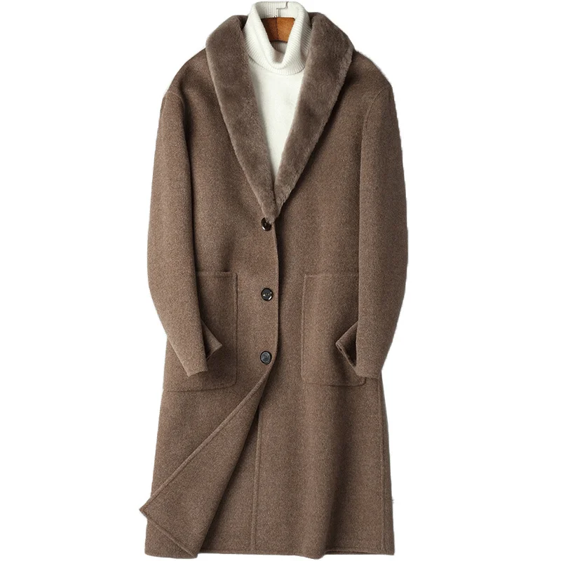 Мужское двухстороннее пальто из 100% шерсти с воротником меха ягненка ветровка на