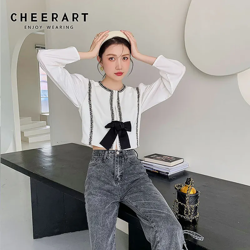 CHEERART White Long Sleeve Blouse Bow Puff Sleeve Crop Top Vintage Womens Tops And Blouses 2021 Fashion Ladies Tops
CHEERART White Long Sleeve Blouse Bow Puff Sleeve Crop Top Vintage Womens Tops And Blouses 2021 Fashion Ladies Tops