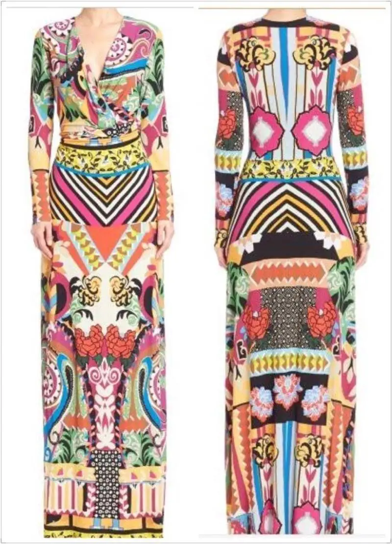 Women's new style retro printed V-neck long sleeves lengthened design stretch knit slim dress
Women's new style retro printed V-neck long sleeves lengthened design stretch knit slim dress