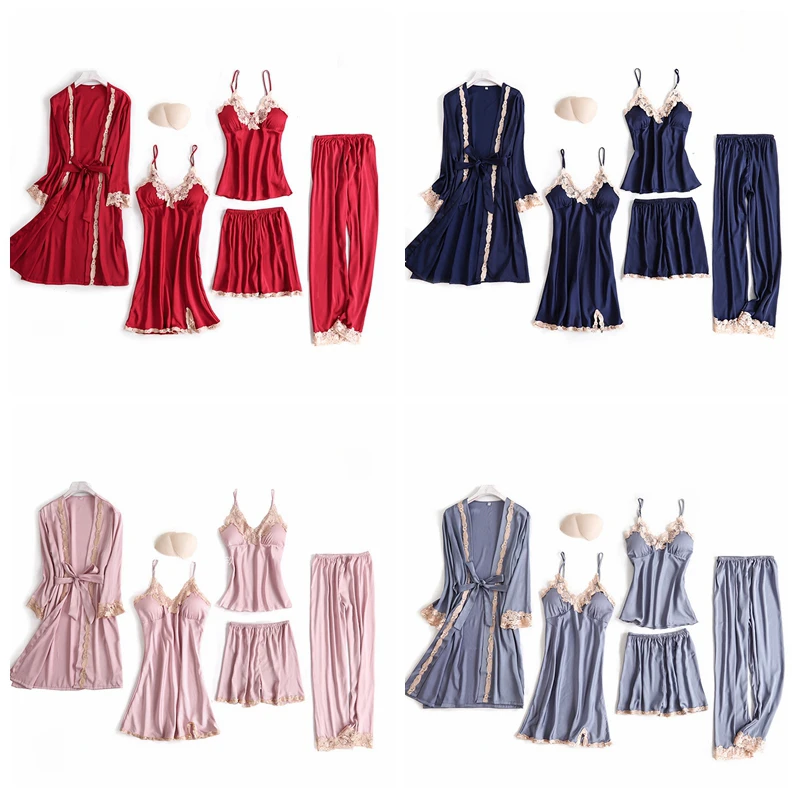 NEW 5 Pieces Pajamas Set Sexy Lace Satin Silk Sleepwear Women Summer Spring Fashion Pajamas for Women Robe Sleep Lounge Homewear
NEW 5 Pieces Pajamas Set Sexy Lace Satin Silk Sleepwear Women Summer Spring Fashion Pajamas for Women Robe Sleep Lounge Homewear