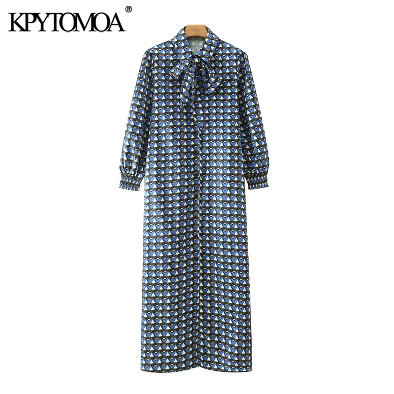 

KPYTOMOA Women Fashion With Bow Tied Geometric Print Midi Dress Vintage Three Quarter Sleeve Button-up Female Dresses Mujer