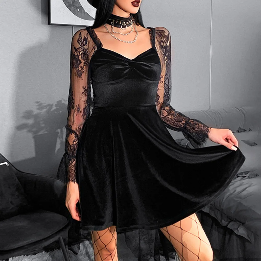 Retro Women Darkness Fashion Dress Spring And Autumn Long-sleeved Sexy Lace Stitching Velvet Skirt Solid Color Woman Clothes
Retro Women Darkness Fashion Dress Spring And Autumn Long-sleeved Sexy Lace Stitching Velvet Skirt Solid Color Woman Clothes