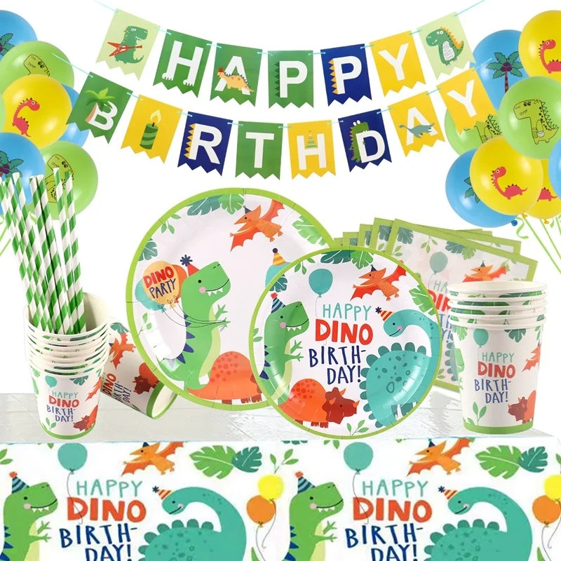 

Набор одноразовой посуды Динозавр для вечерние НКИ, украшение для первого дня рождения, детский праздничный декор для будущей мамы, разноцв...