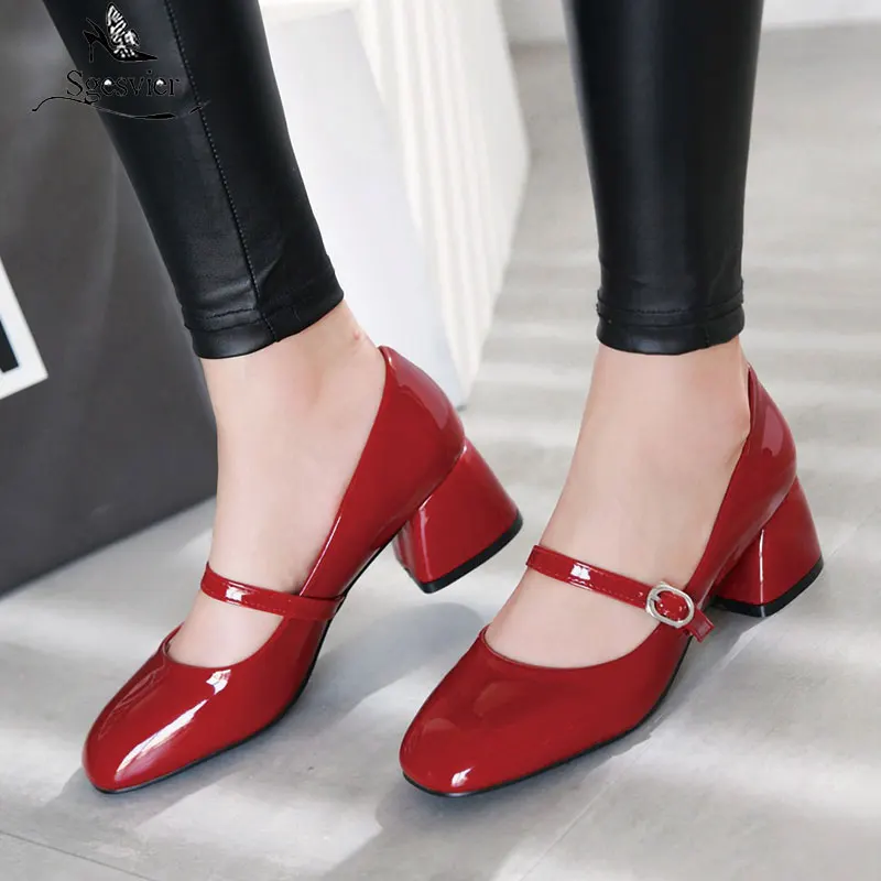 Sgesvier High Heel Shoes Women Mary Janes Shoes Patent Leather Med Heel Pumps Buckle Square Toe Ladies Shoes Red Plus Size 33-43
Sgesvier High Heel Shoes Women Mary Janes Shoes Patent Leather Med Heel Pumps Buckle Square Toe Ladies Shoes Red Plus Size 33-43