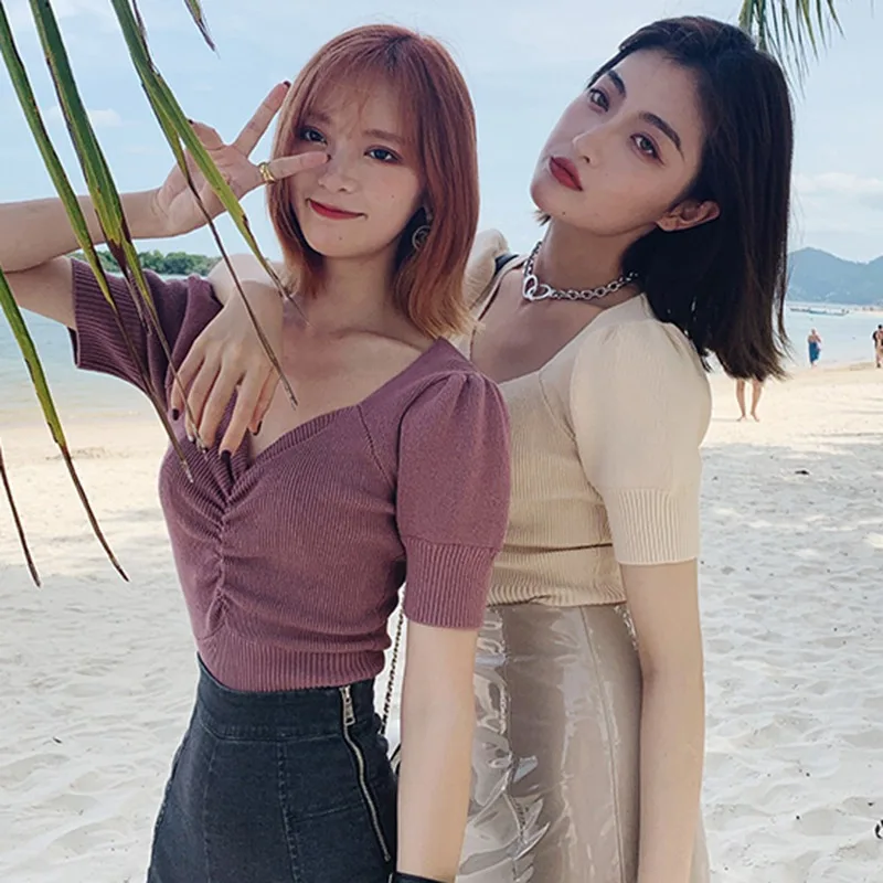 Women's Solid Color Short Sleeve Casual Knitted T-Shirt Sexy V Neck Puff Sleeve Tshirt # 
Women's Solid Color Short Sleeve Casual Knitted T-Shirt Sexy V Neck Puff Sleeve Tshirt #