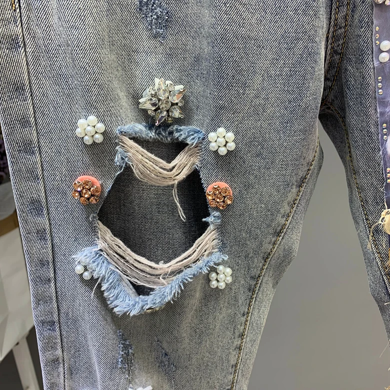 

Jeans 2020 Lady High Fashion Beautiful Patterns Applique Bowknot Pearls Decorations Rhinestone Beading Broken Holes Denim Pants
