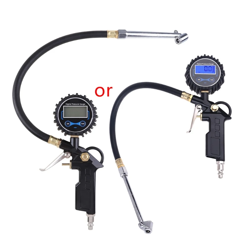 

AUTO Digital Tire Inflator Pressure Gauge, LED Display Tyre Deflator Gage with Dual Head Chuck Rubber Hose Fitting with Air Pump
