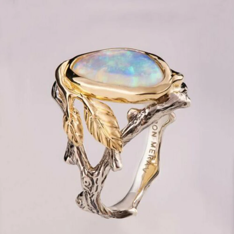 Vintage opal кольцо Роман Золотые листья Ретро ветви инкрустированный опалом для