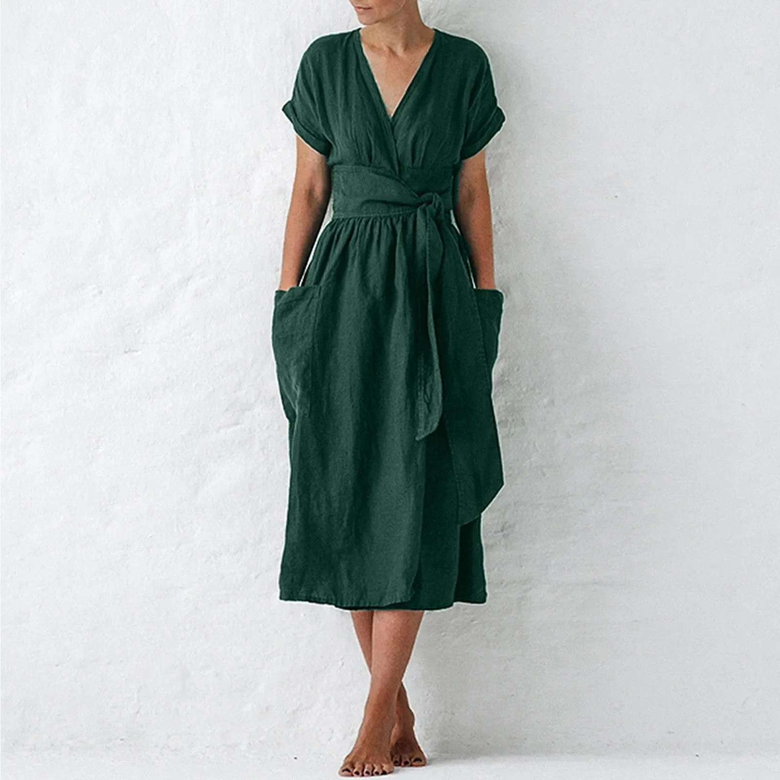 Vintage Cotton Linen Summer Dress Women Casual Solid V-neck Short Sleeve Dress Multiway Wrap Pocket Split Hem Sash Robe Femme
Vintage Cotton Linen Summer Dress Women Casual Solid V-neck Short Sleeve Dress Multiway Wrap Pocket Split Hem Sash Robe Femme