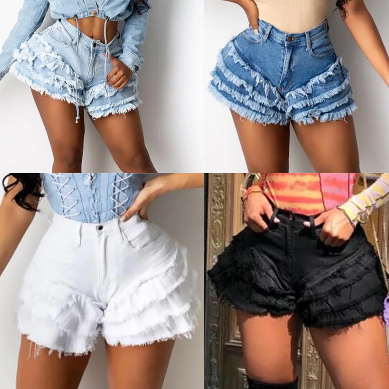 

Summer High Waisted Denim Shorts Women 2021 Sexy Push Up Plus Size Layered Tassel Ruffles Ripped Flared Slim Denim Jean Shorts