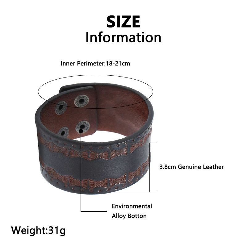 2020 Simple Design Genuine Leather Printed Bracelet 3.8CM Wide Cowhide Snap Button Cuff Bangles Wristband Fashion Male Jewelry
2020 Simple Design Genuine Leather Printed Bracelet 3.8CM Wide Cowhide Snap Button Cuff Bangles Wristband Fashion Male Jewelry