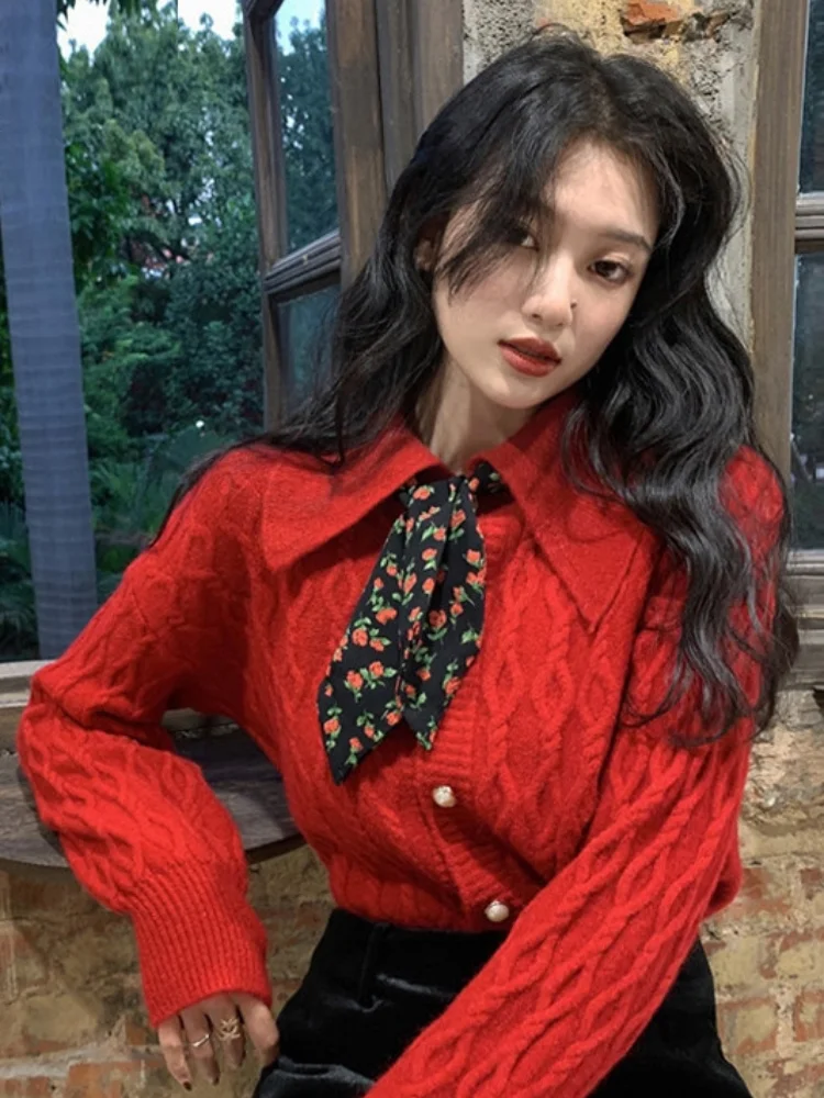 korean style red tops knitted short Autumn Winter Women's Inner Bottoming Shirt Doll Collar Cardigan Clothes Christmas Sweater 
korean style red tops knitted short Autumn Winter Women's Inner Bottoming Shirt Doll Collar Cardigan Clothes Christmas Sweater