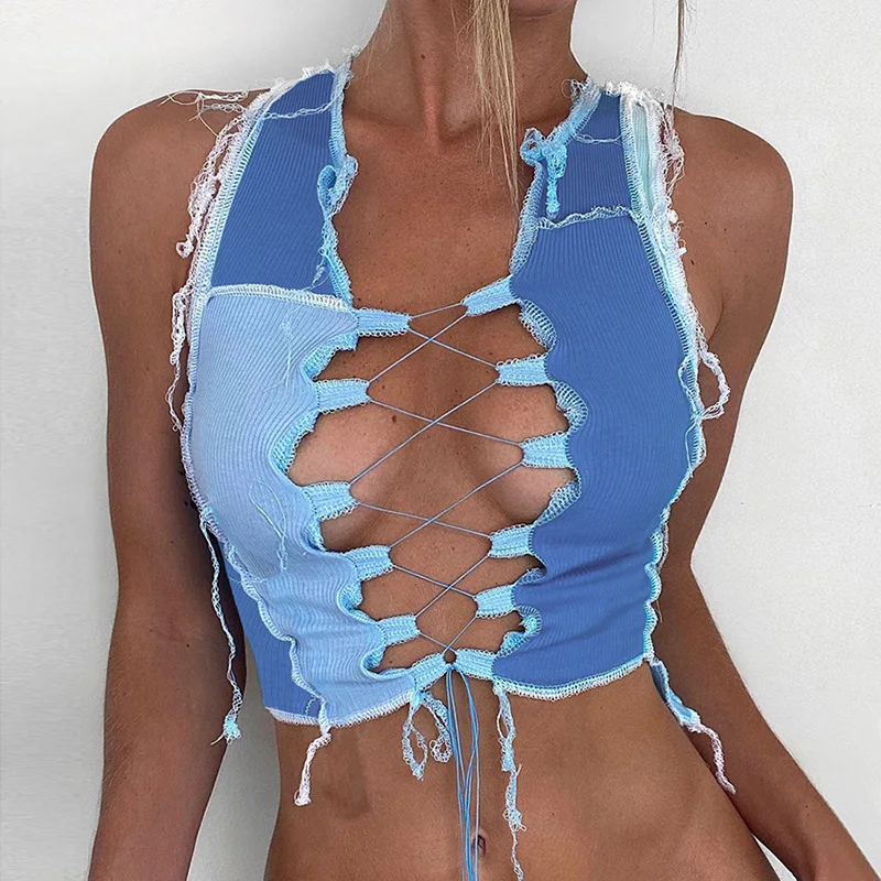 Women Camisole Sexy Bandage Cut Out Hole Crop Tops 2021 Summer Chic Punk Style Ribbed Knitting Tank Top Club Party Female Tee
Women Camisole Sexy Bandage Cut Out Hole Crop Tops 2021 Summer Chic Punk Style Ribbed Knitting Tank Top Club Party Female Tee
