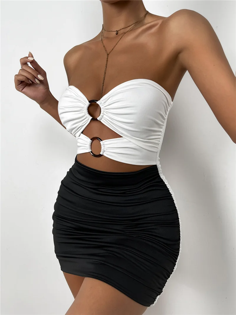 Women Contrast Color Mini Dress, Sexy Sleeveless Sweetheart Neck Hollow Out High Waist Pleated Dress
Women Contrast Color Mini Dress, Sexy Sleeveless Sweetheart Neck Hollow Out High Waist Pleated Dress