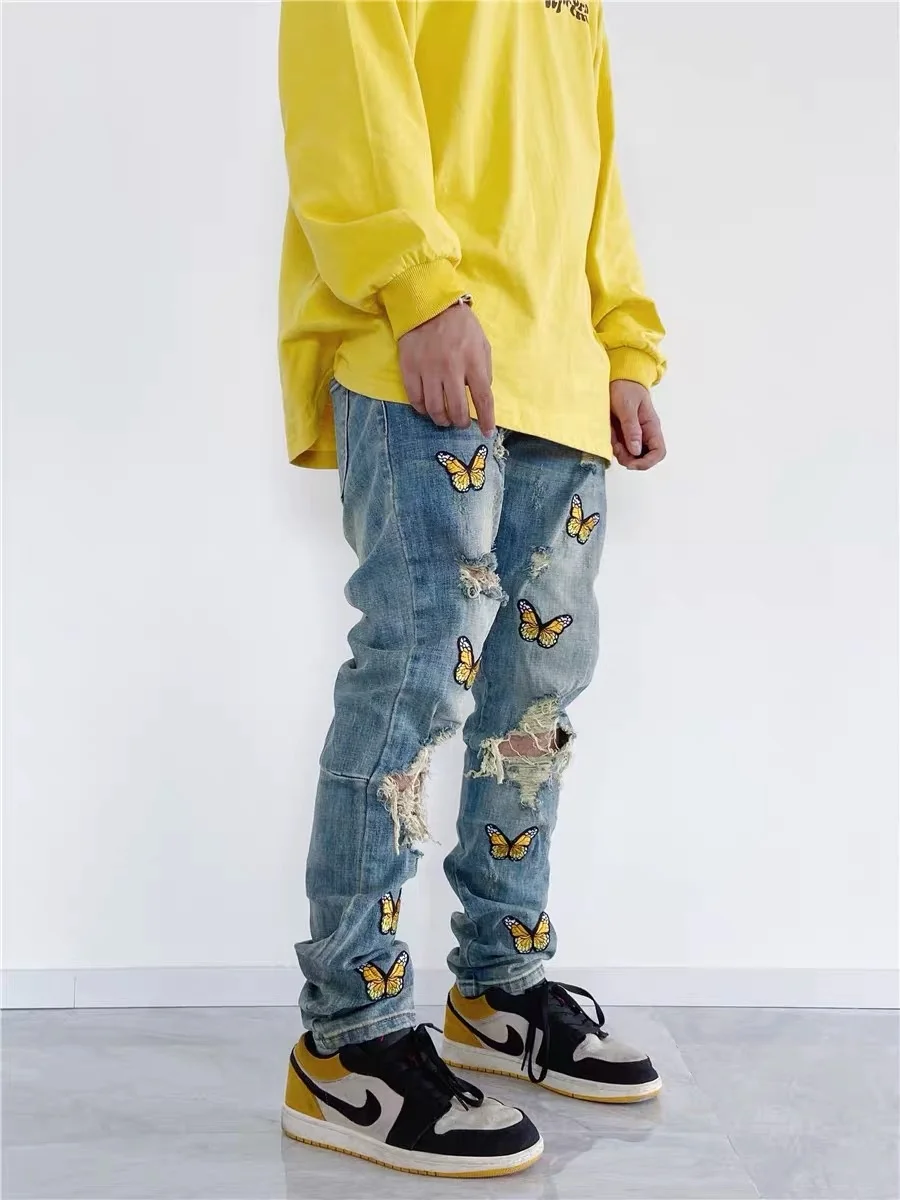street Butterfly High Embroidery Knee Ripped Hole Mens casual Hip Hop Distressed Jeans Slim Fit Skinny Denim Pants Joggers
street Butterfly High Embroidery Knee Ripped Hole Mens casual Hip Hop Distressed Jeans Slim Fit Skinny Denim Pants Joggers
