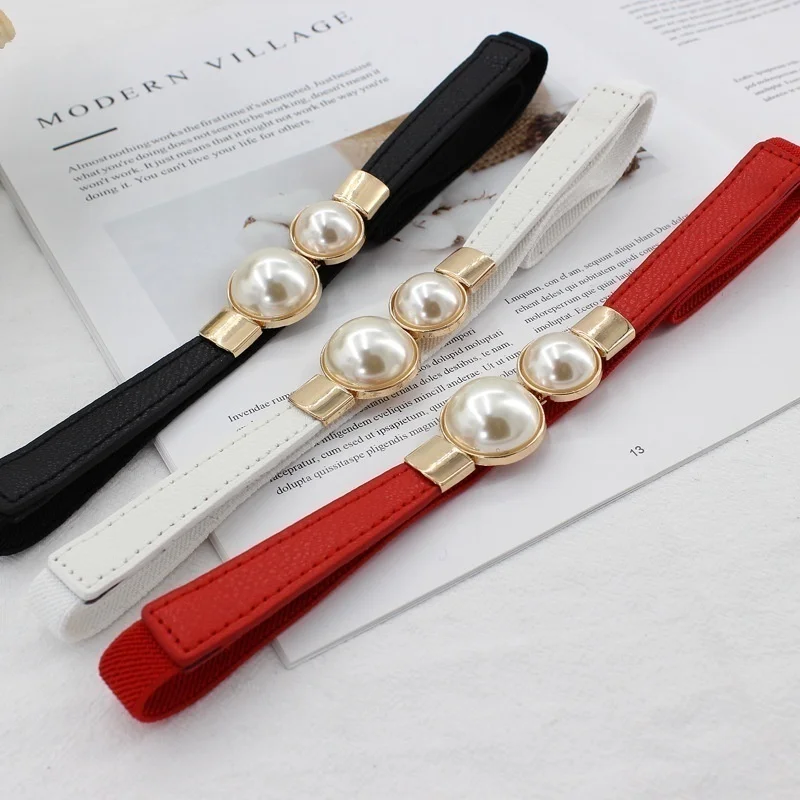 Women Double Pearl Belt PU Leather Dress Skirt Waist Elastic Thin Belts Ladies Waistband 
Women Double Pearl Belt PU Leather Dress Skirt Waist Elastic Thin Belts Ladies Waistband