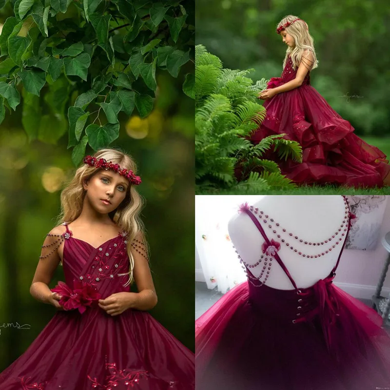 

Burgundy Tulle Princess Flower Girls' Dresses For Weddings With Beading Embroidery 3D-Applique Long Sweep Pageant Party Gowns