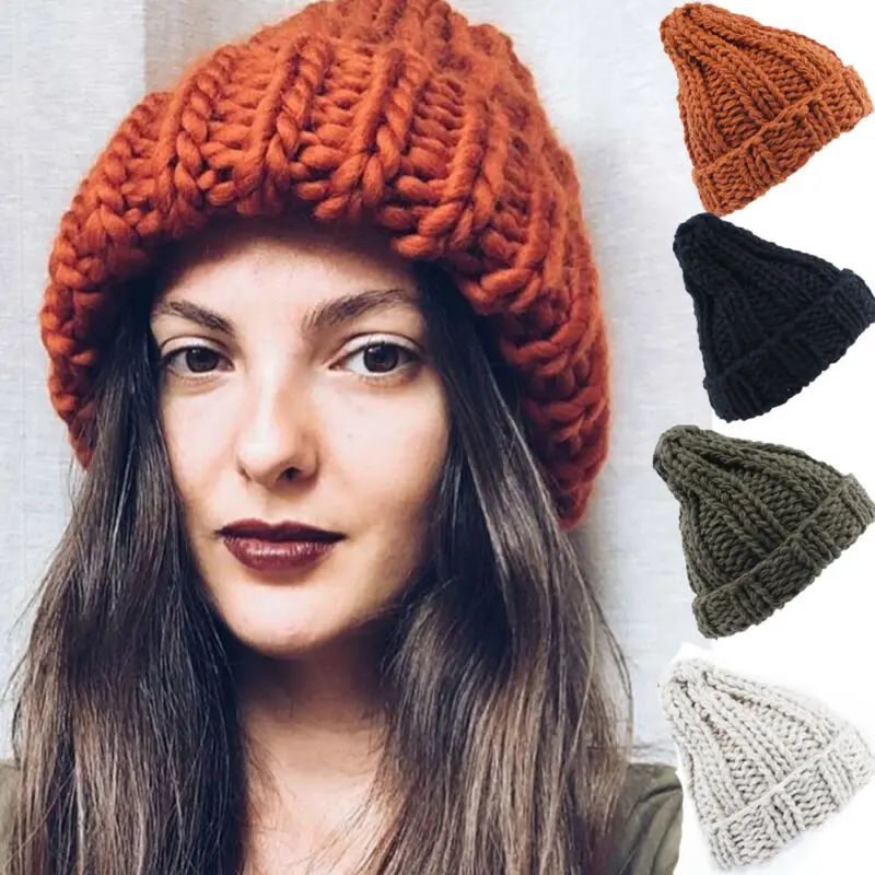 

Autumn Winter Warm Women Braided Crochet Wool Knitted Beanie Beret Ski Ball Cap Baggy Solid Hat Skullies