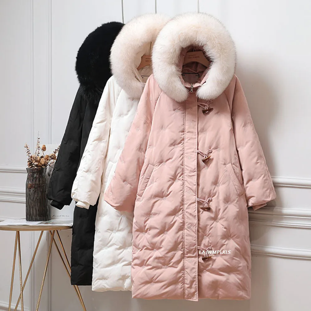 Winter Women Large Real Fur Hooded Thick Long Down Coat 90% White Duck Down Parka Horn Button Snow Outwear
Winter Women Large Real Fur Hooded Thick Long Down Coat 90% White Duck Down Parka Horn Button Snow Outwear