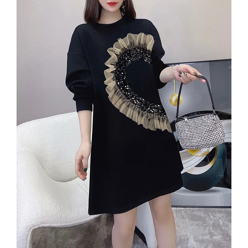 DISEYAR Women's Black Mesh Stitching Loose Hoodie Dress Fashion New Sequins Sparkles Pullovers Female Clothing
DISEYAR Women's Black Mesh Stitching Loose Hoodie Dress Fashion New Sequins Sparkles Pullovers Female Clothing