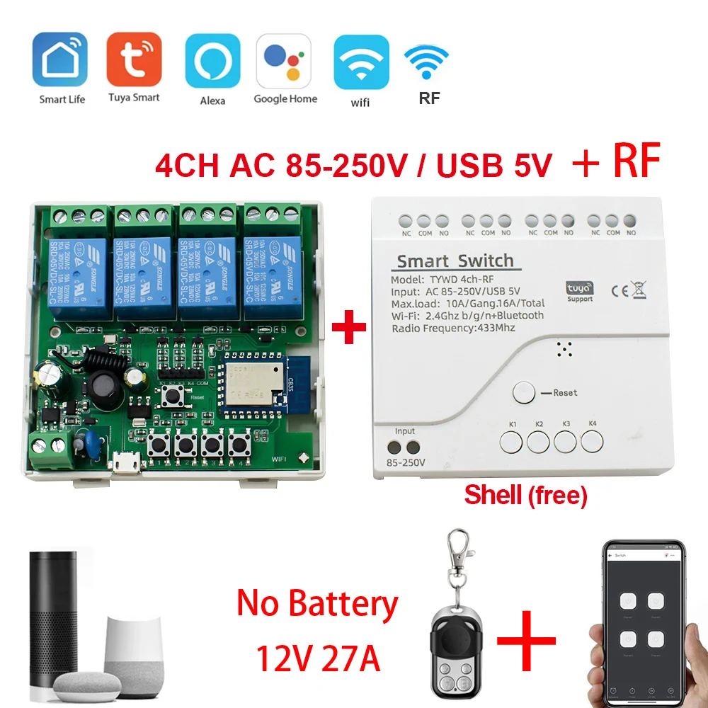 4CH WiFi RF Tuya Smart Life Remote Control Wireless Smart Switch Modul DIY 4 Gang Relay Voice Control with Alexa Google Home
4CH WiFi RF Tuya Smart Life Remote Control Wireless Smart Switch Modul DIY 4 Gang Relay Voice Control with Alexa Google Home
