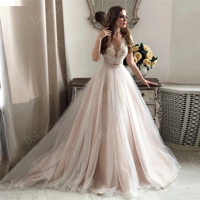 Elegant Pink Lace Wedding Dress Vestidos De Novia A Line Beach Bridal Dress V-Neck Short Sleeve Applique Tulle Wedding Gowns
Elegant Pink Lace Wedding Dress Vestidos De Novia A Line Beach Bridal Dress V-Neck Short Sleeve Applique Tulle Wedding Gowns