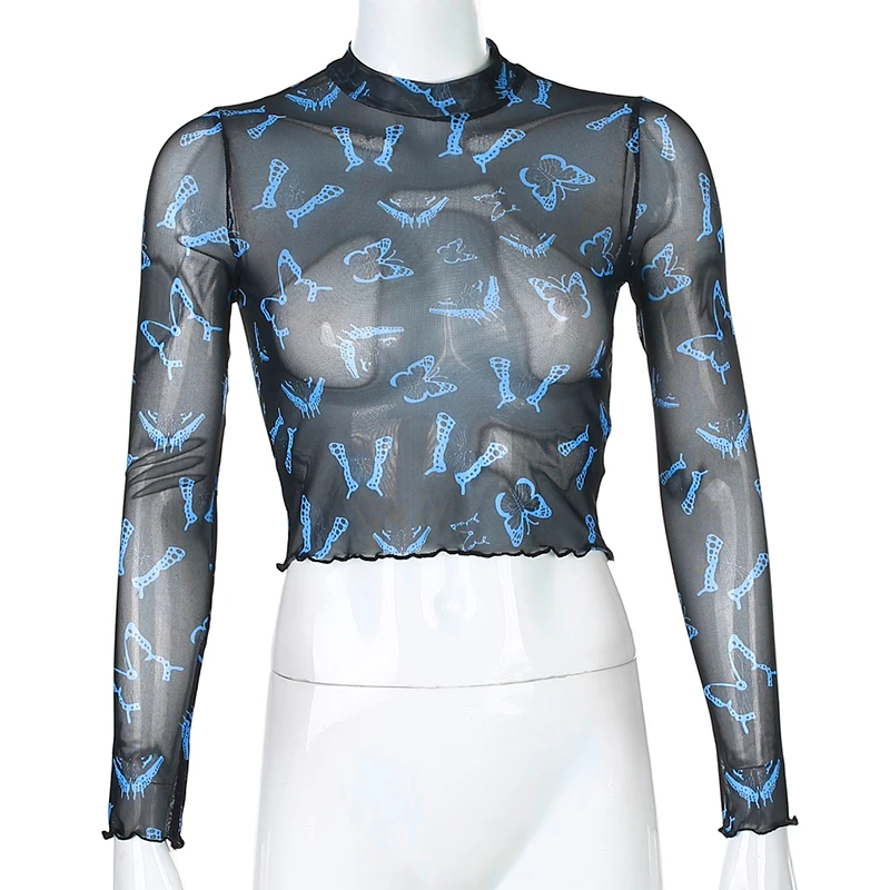 Sexy Woman Mesh T-Shirts Perspective Cropped Tops Long Sleeve Slim Ladies Turtleneck Butterfly Print Tees Fashion Street Wear
Sexy Woman Mesh T-Shirts Perspective Cropped Tops Long Sleeve Slim Ladies Turtleneck Butterfly Print Tees Fashion Street Wear