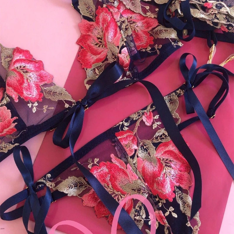 Womens Embroidery Floral Appliques Mesh Lingerie Set with Garter Belts Bowknot Bra Panty Sheer Lace Bikini Underwear Sleepwear
Womens Embroidery Floral Appliques Mesh Lingerie Set with Garter Belts Bowknot Bra Panty Sheer Lace Bikini Underwear Sleepwear