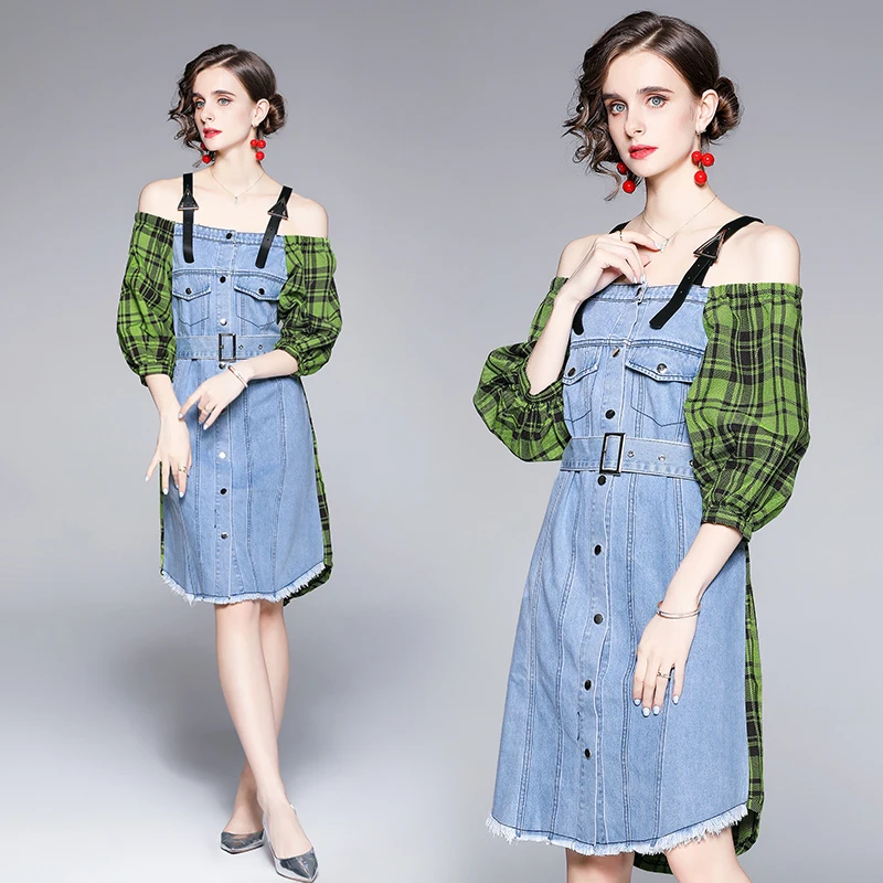 Female Spring Outfit Shows A Shoulder One Word Collar Grid Stitching Seven Minute Sleeve Cowboy Sexy Belt Single Breasted Dress
Female Spring Outfit Shows A Shoulder One Word Collar Grid Stitching Seven Minute Sleeve Cowboy Sexy Belt Single Breasted Dress