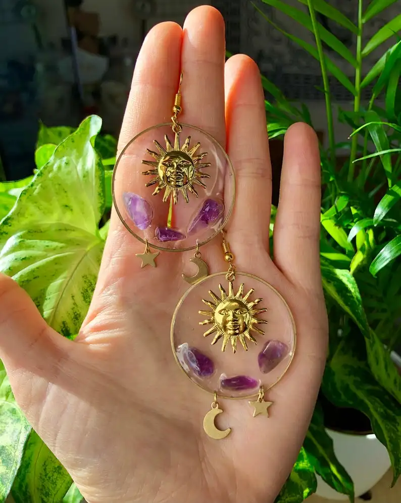 Celestial Sun Charm Handmade Dangle Drop Earrings with Real Amethyst Gemstones and Star and Moon Charms.Crystals. Gifts for Her.
Celestial Sun Charm Handmade Dangle Drop Earrings with Real Amethyst Gemstones and Star and Moon Charms.Crystals. Gifts for Her.