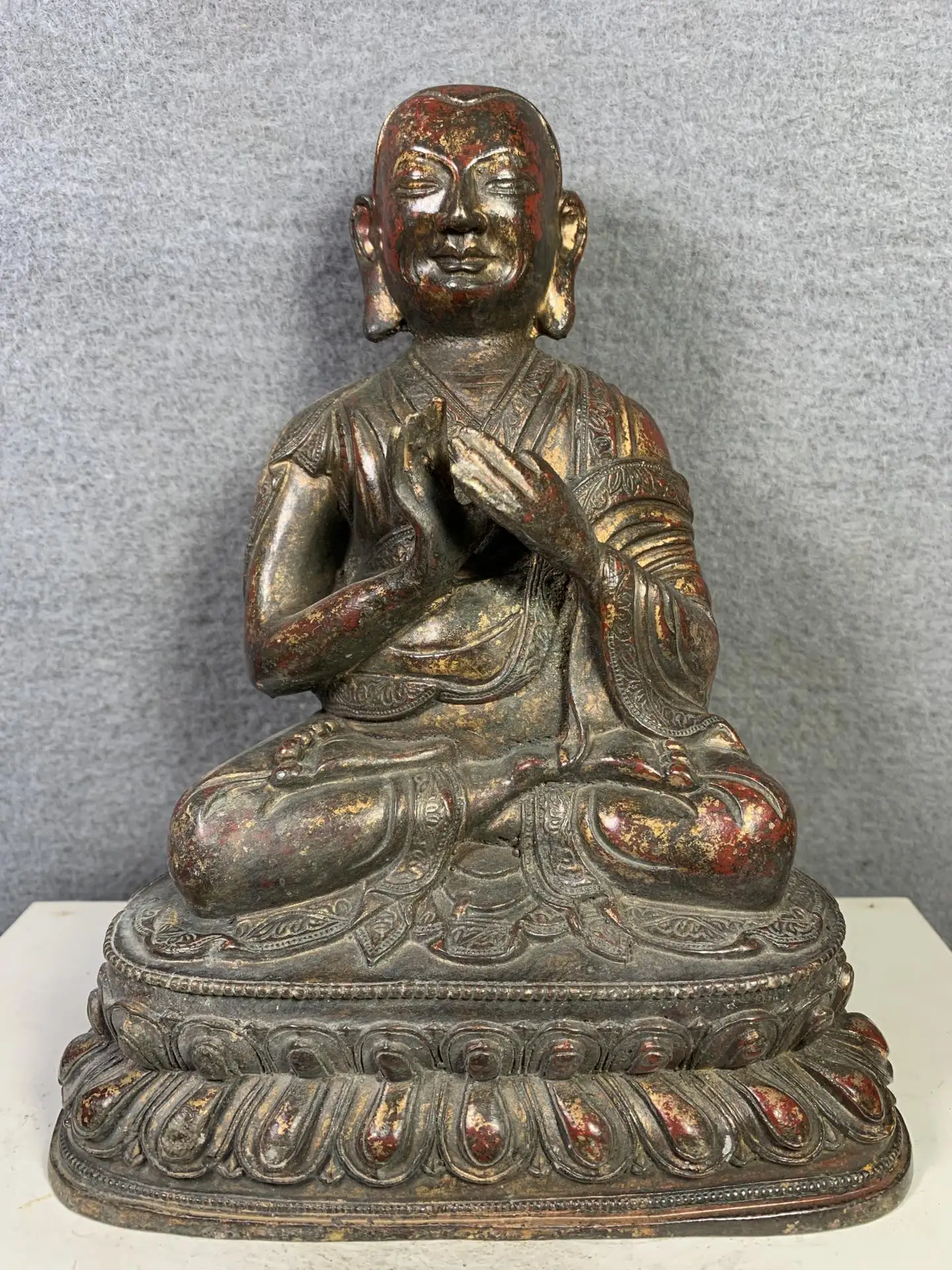 

8 "Тибет Буддизм старинная бронза циннабар горящая лампа древний Будды Dingguang татхагата Будда статуя Амитабхи закрепить