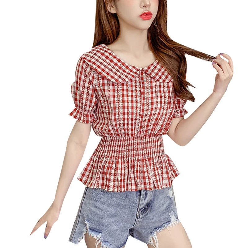 Women's Spring Summer Style Blouses Shirt Women's Peter pan Collar Button Ruffles Short Sleeve Plaid Casual Tops SP050
Women's Spring Summer Style Blouses Shirt Women's Peter pan Collar Button Ruffles Short Sleeve Plaid Casual Tops SP050