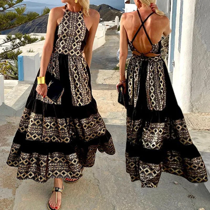 Sexy Vintage Backless Print Maxi Dress Woman Summer Fashion Sleeveless O-neck Women Clothes Black Boho Off Shoulder Long Dresses
Sexy Vintage Backless Print Maxi Dress Woman Summer Fashion Sleeveless O-neck Women Clothes Black Boho Off Shoulder Long Dresses
