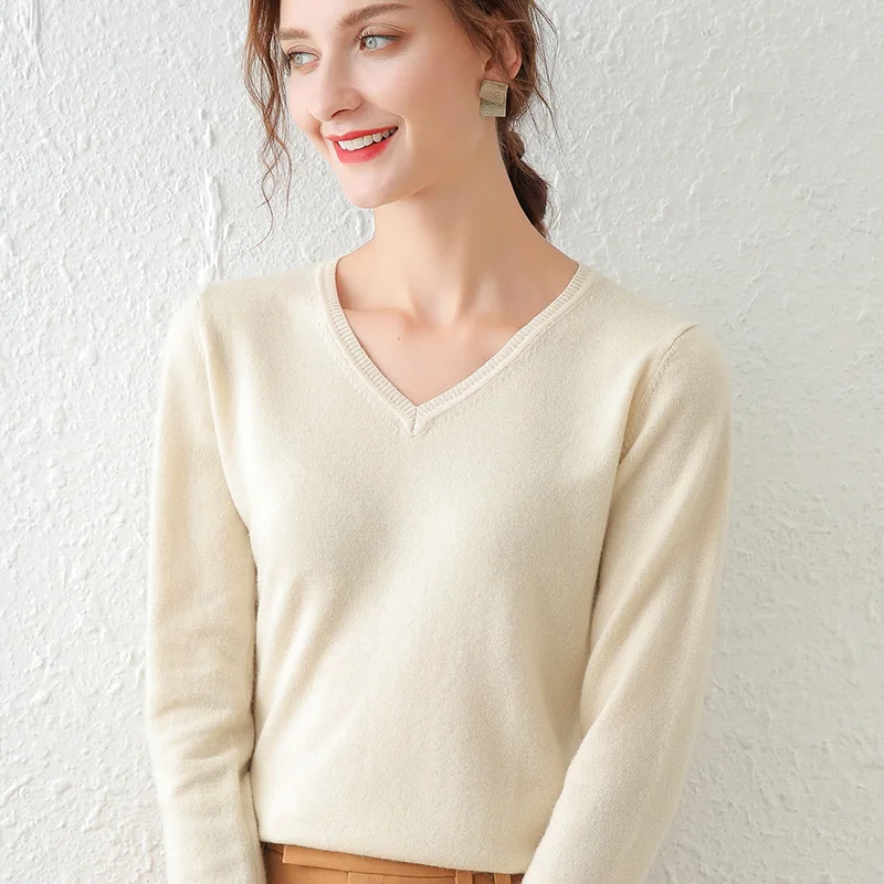 Женский вязаный шерстяной свитер с длинным рукавом и V-образным вырезом | Женская