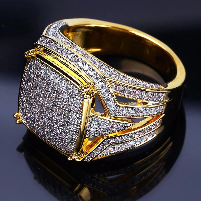 

Роскошное мужское кольцо в стиле хип-хоп с фианитом класса ААА, золотистое латунное кольцо золотистого цвета с кубическим цирконием, квадра...