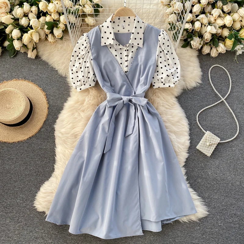 Retro Polka Dots Prints Puffy Short Sleeve Preppy Dress Women Strap Wrap Waist Elegant Patchwork Dress
Retro Polka Dots Prints Puffy Short Sleeve Preppy Dress Women Strap Wrap Waist Elegant Patchwork Dress