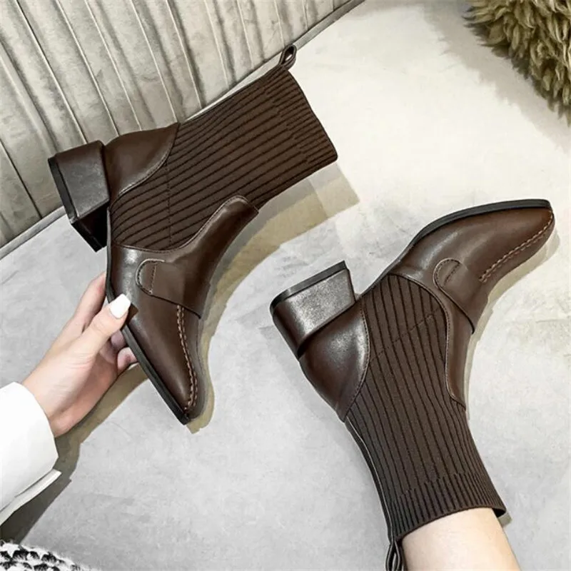 Sexy Women's Square Toe 5cm Middle Heel Ankle Boots Fashion Black Brown Stretch Cloth Leather Splicing Female Chelsea Bootie
Sexy Women's Square Toe 5cm Middle Heel Ankle Boots Fashion Black Brown Stretch Cloth Leather Splicing Female Chelsea Bootie