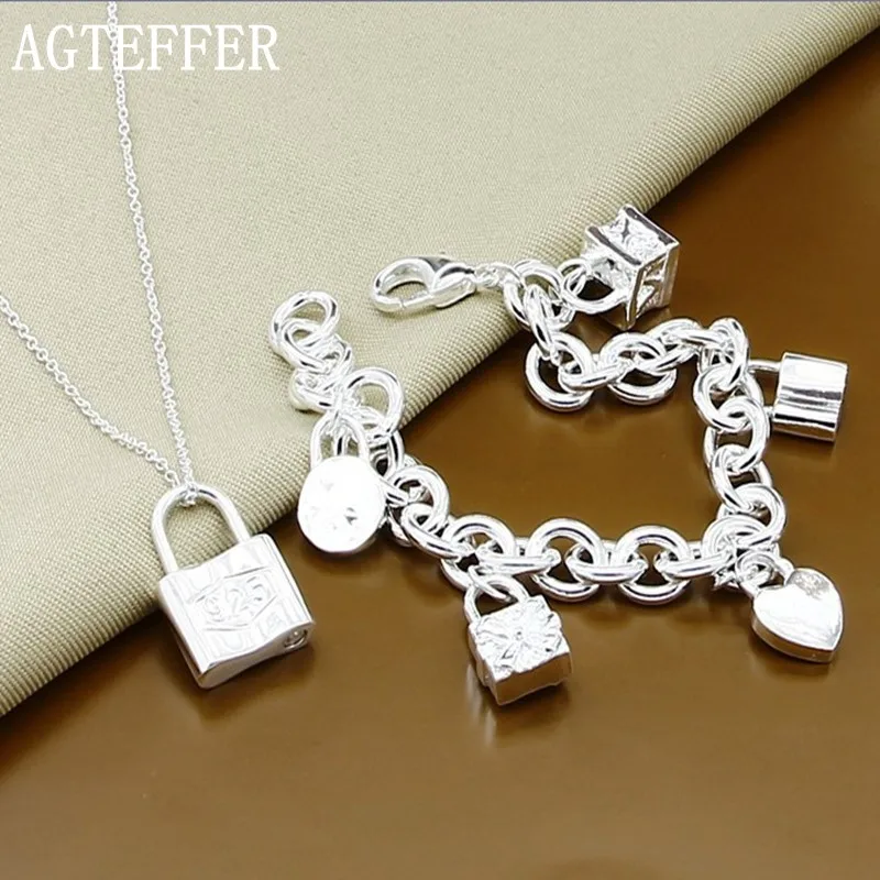 AGTEFFER 925 Sterling Silver Heart Square Round Lock Necklace Bracelet Set For Woman Wedding Engagement Fashion Charm Jewelry
AGTEFFER 925 Sterling Silver Heart Square Round Lock Necklace Bracelet Set For Woman Wedding Engagement Fashion Charm Jewelry