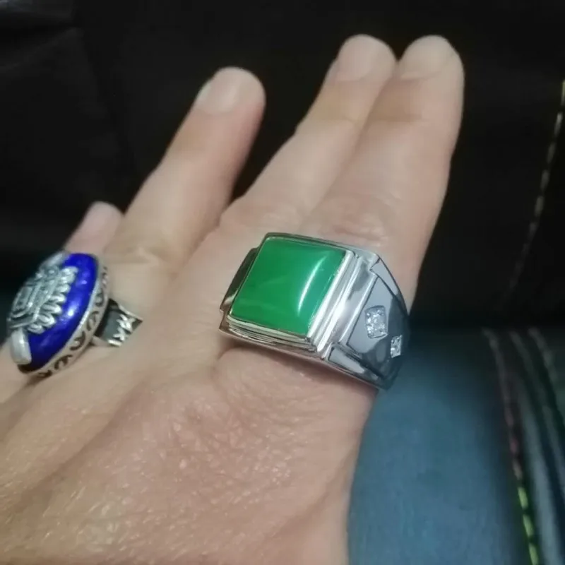 100% Real 925 solid pure silver set with natural green stone ring men's ring