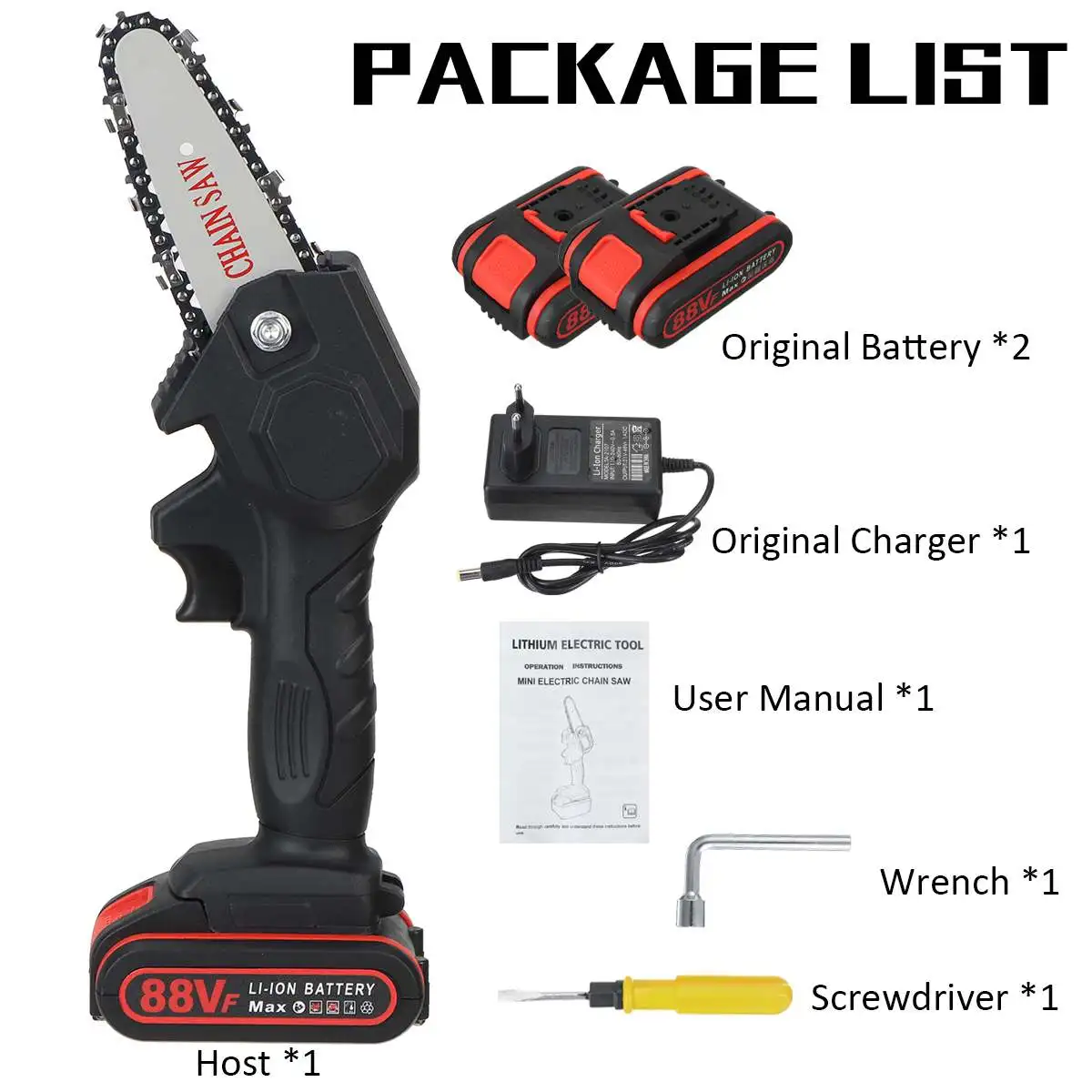 1080W 4 Inch 88V Mini Electric Chain Saw With 2PC Battery Woodworking Pruning One-handed Garden Tool Rechargeable EU Plug
1080W 4 Inch 88V Mini Electric Chain Saw With 2PC Battery Woodworking Pruning One-handed Garden Tool Rechargeable EU Plug