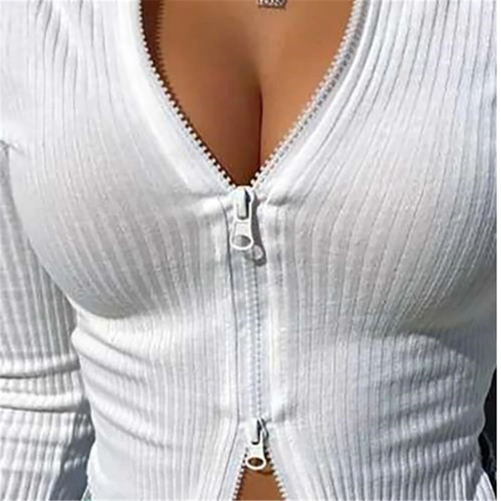 Women T-shirt Spring Autumn Clothes Ribbed Knitted Long Sleeve Crop Tops Zipper Design Tee Sexy Female Slim Black White Tops
Women T-shirt Spring Autumn Clothes Ribbed Knitted Long Sleeve Crop Tops Zipper Design Tee Sexy Female Slim Black White Tops