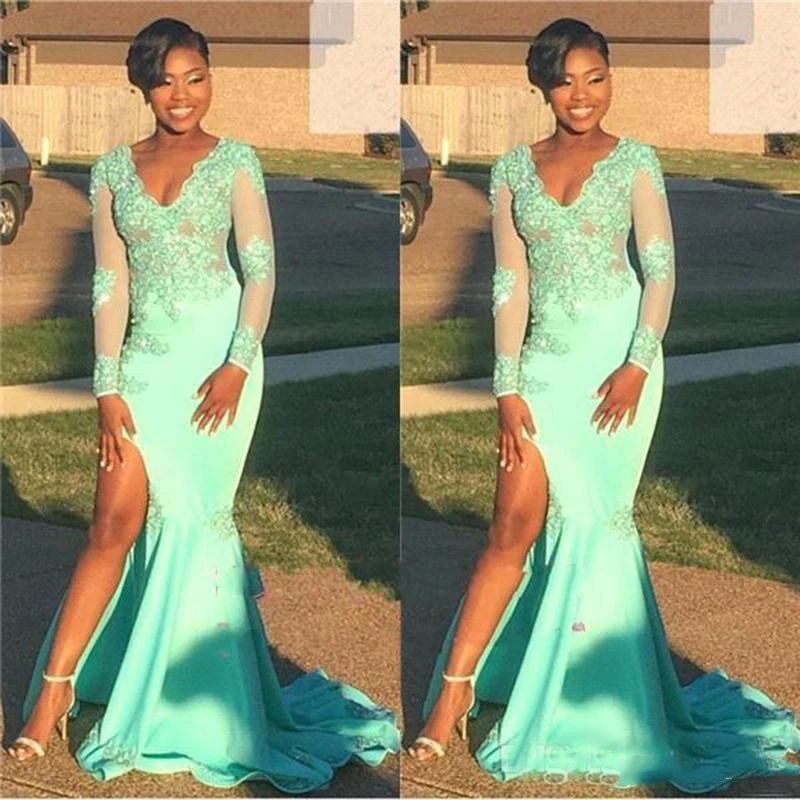 Sexy Mermaid African Prom Dresses for Black Girl V Neck Mint Green Lace Long Sleeves Prom Dress High Split Evening Gowns
Sexy Mermaid African Prom Dresses for Black Girl V Neck Mint Green Lace Long Sleeves Prom Dress High Split Evening Gowns
