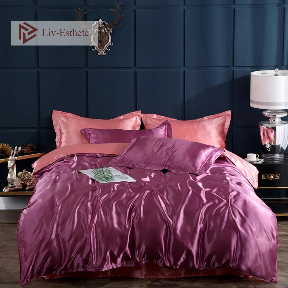 

Liv-эстет 100% атласное шелковое Постельное белье фасоли красное постельное покрывало для взрослых постельное белье двойной Queen King комплект по...