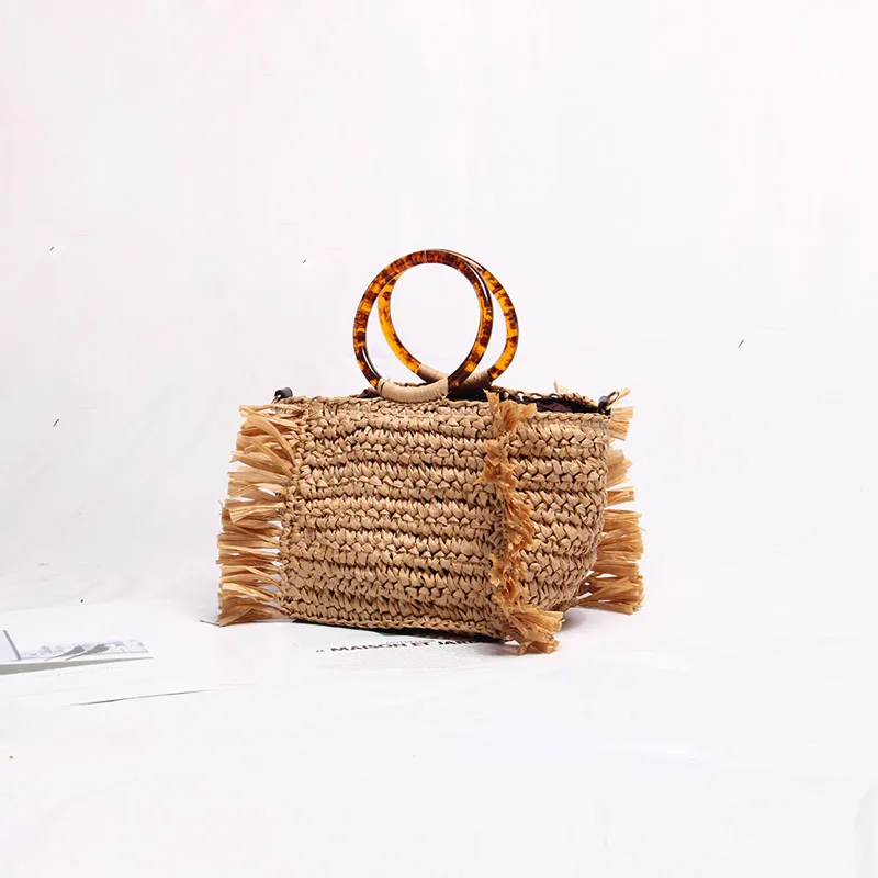 

Summer Straw Bags Tassels Amber Circle Acrylic Handle Shoulder Clutch Beach Raffia Rattan Woven Handbags for Woman 2021 Designer