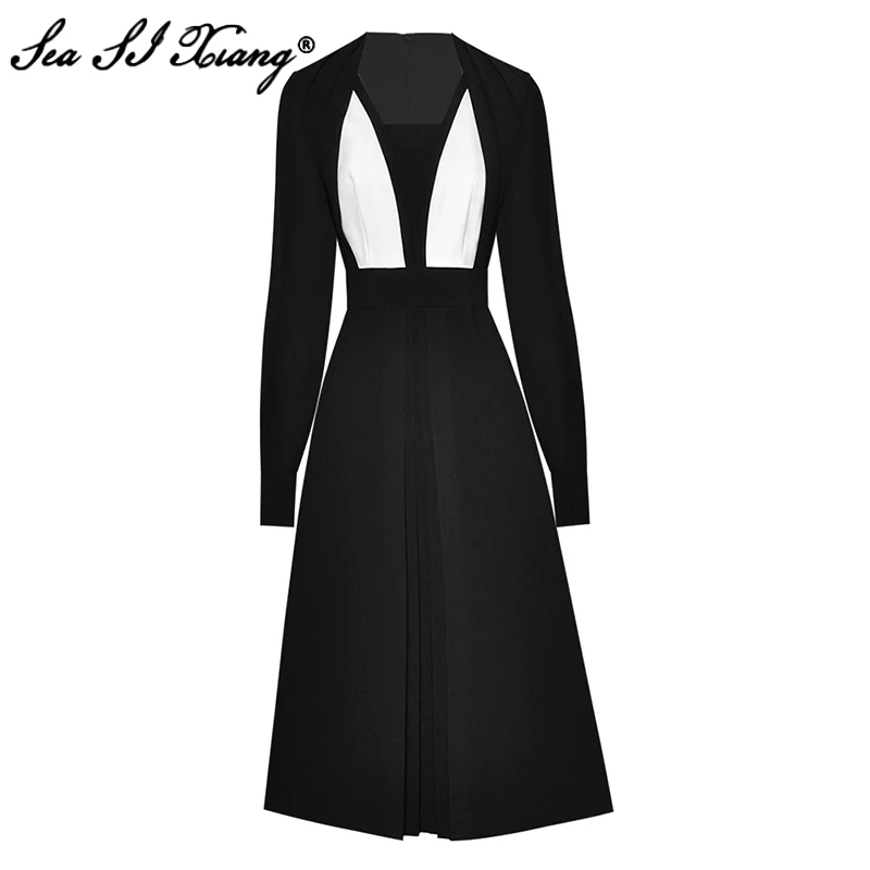 Seasixiang Fashion Designer Autumn Dress Women Square Collar Long Sleeve Hit the Color Pleated Office Lady Dresses
Seasixiang Fashion Designer Autumn Dress Women Square Collar Long Sleeve Hit the Color Pleated Office Lady Dresses