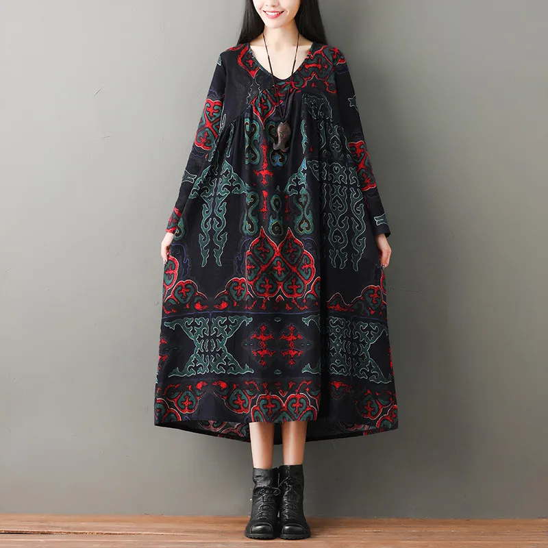 Женское винтажное платье с принтом, Длинное свободное платье с V-образным вырезом, весна-осень 2020 
Женское винтажное платье с принтом, Длинное свободное платье с V-образным вырезом, весна-осень 2020
