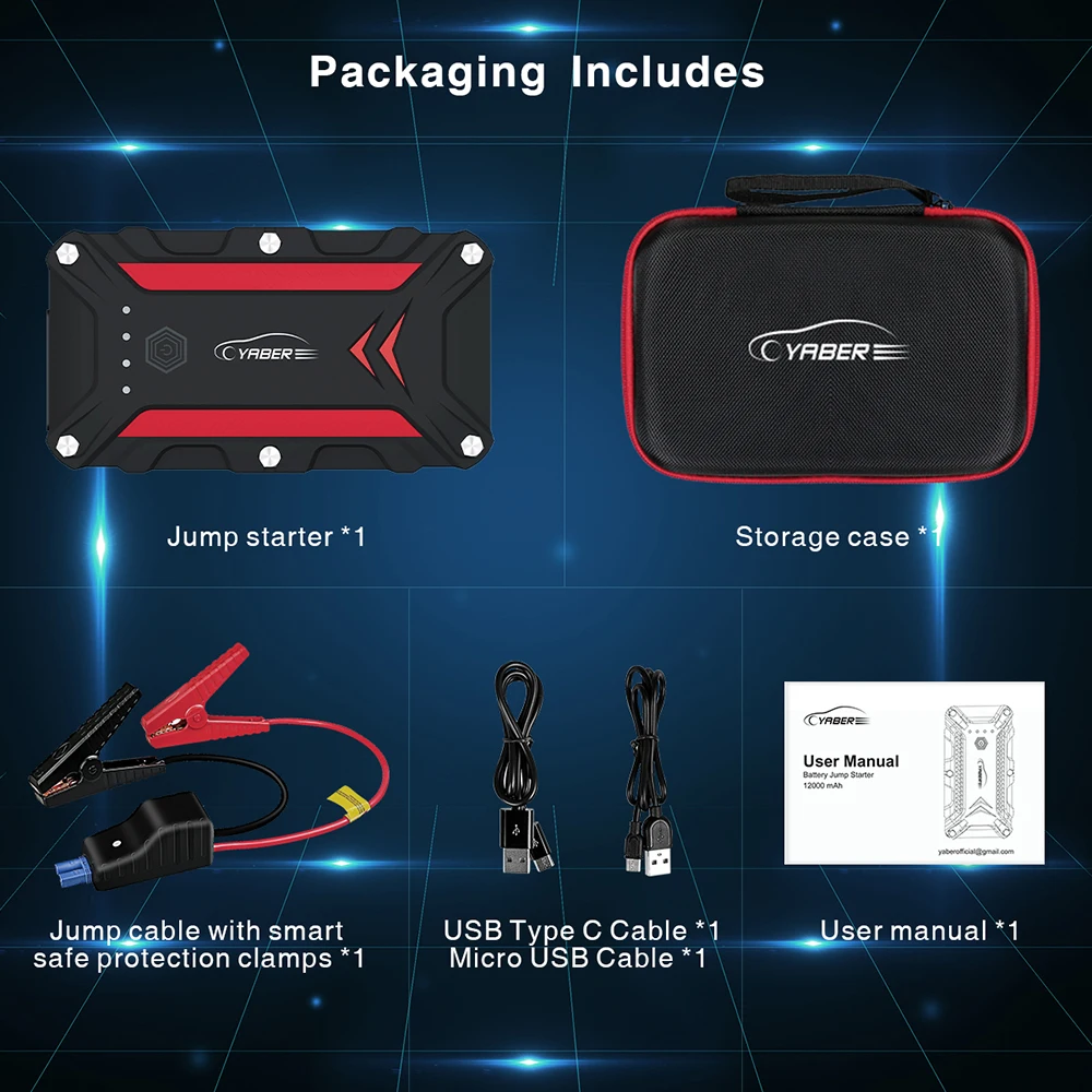 Yaber Jump Starter Real 15000mAh Emergency Car Jump starter Battery Power Bank Auto Booster Peak 1200A Current for 12V Car
Yaber Jump Starter Real 15000mAh Emergency Car Jump starter Battery Power Bank Auto Booster Peak 1200A Current for 12V Car